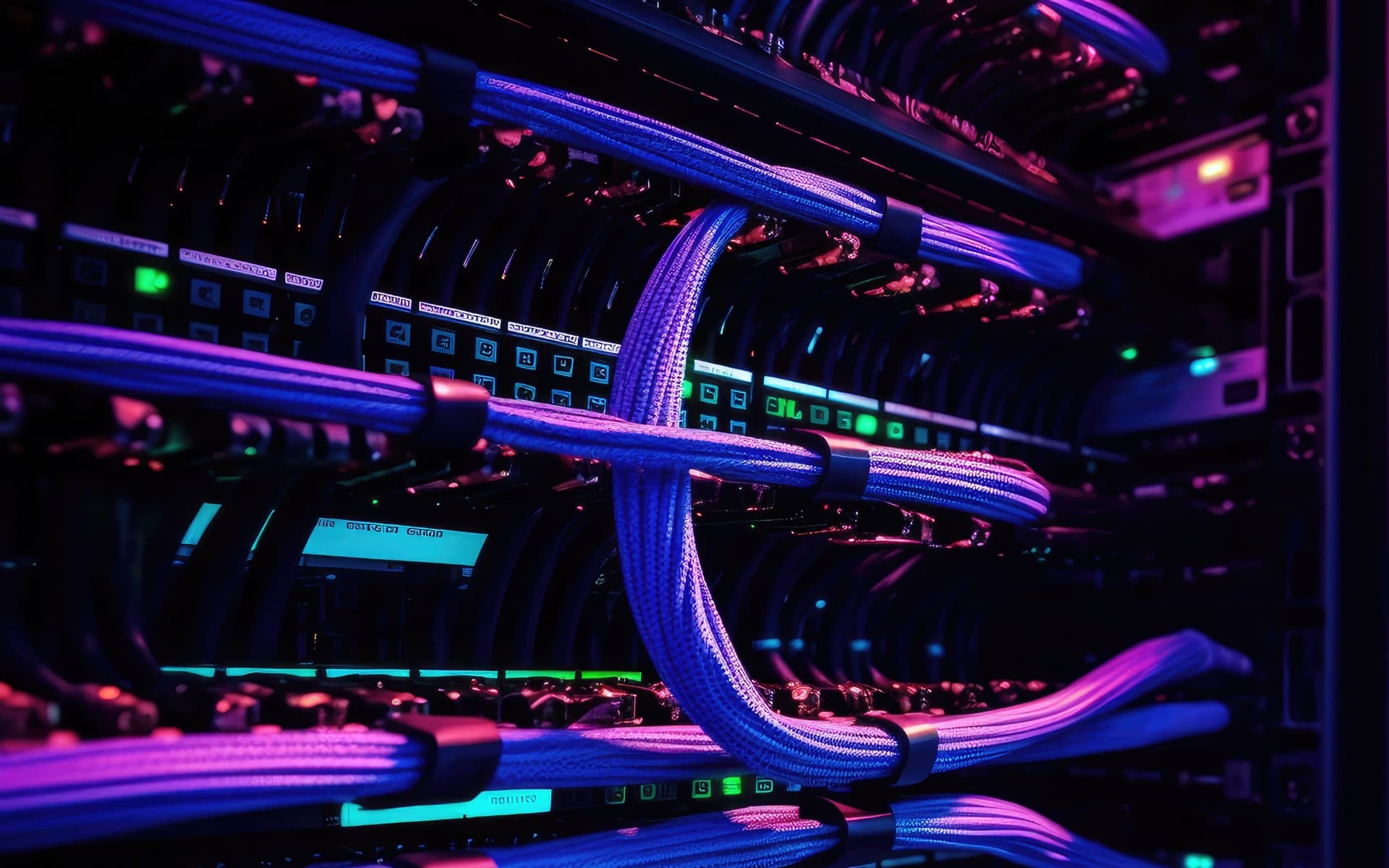 Braided network cables patched into a cloud hosting server rack