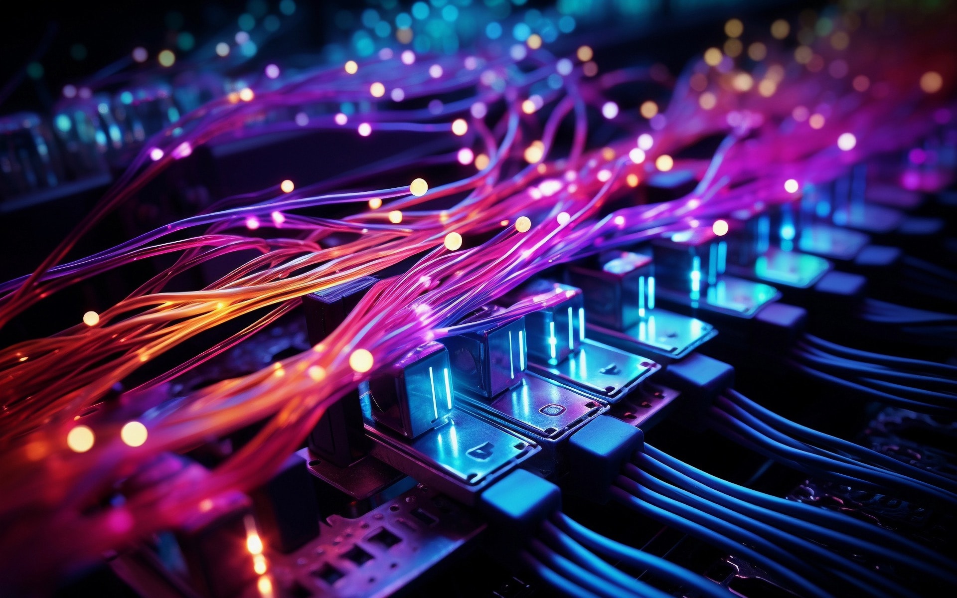Fibre-optic strands lit up inside a network switch