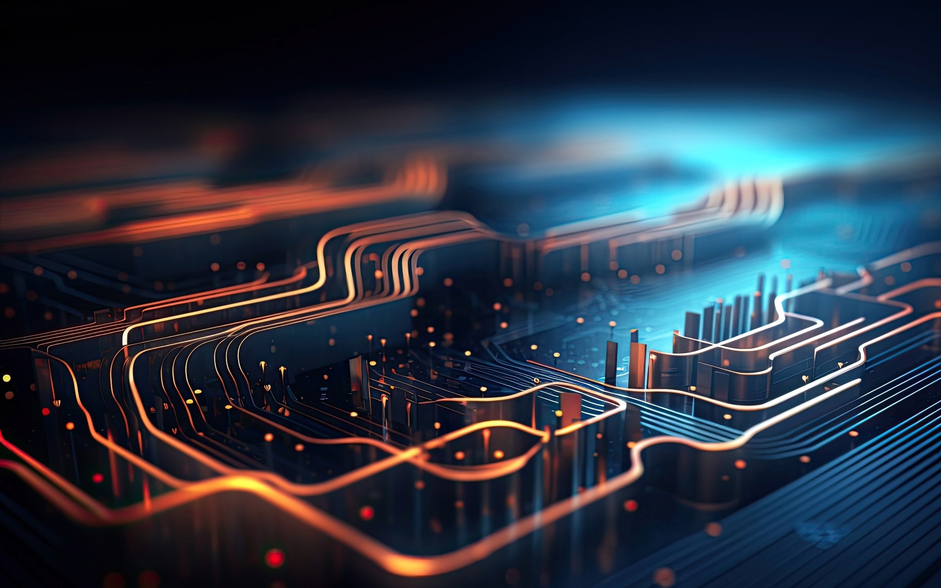 Glowing circuit-board traces on a server motherboard