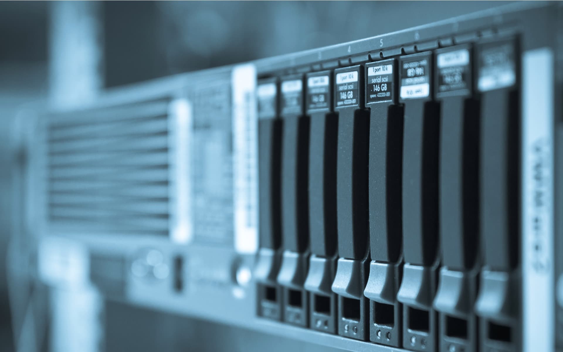 Close view of server drive bays in a rack