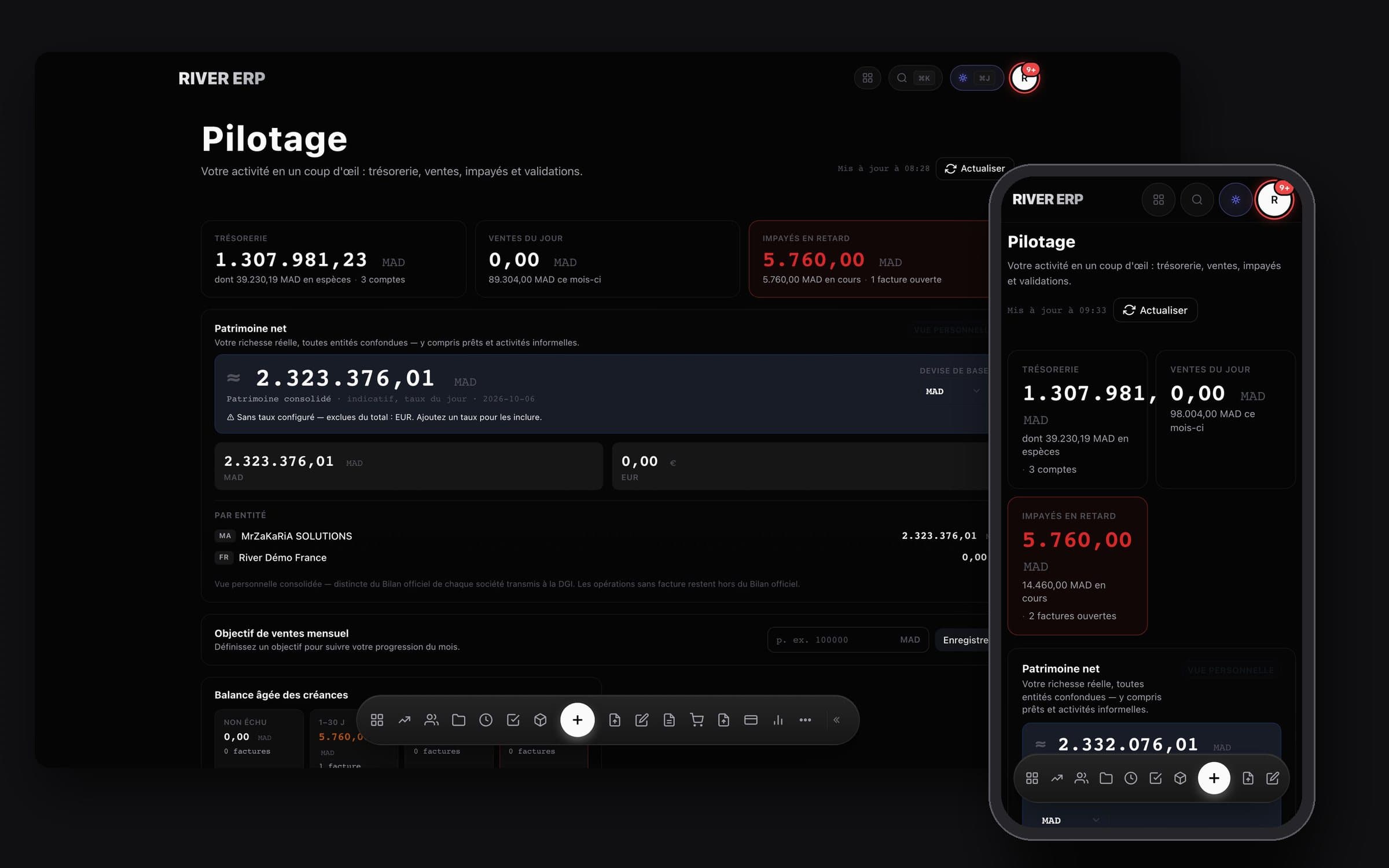 RIVER ERP cockpit on a desktop and on a phone (sample data)
