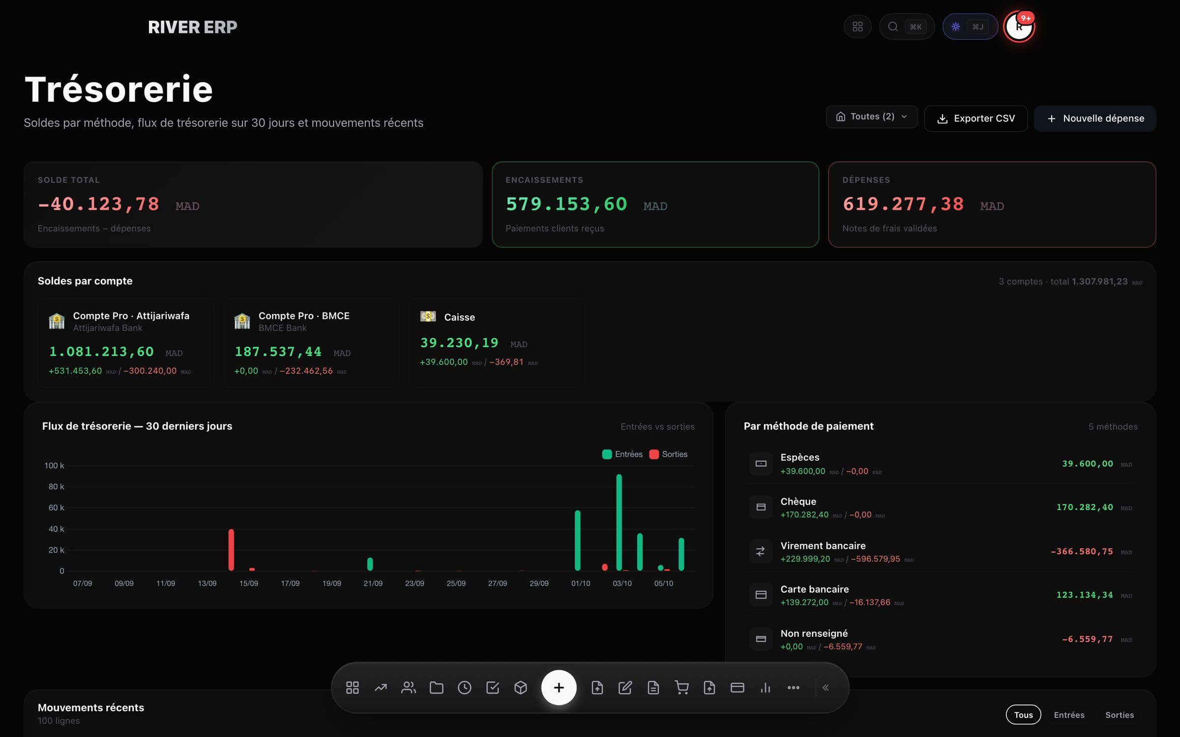 RIVER ERP treasury screen