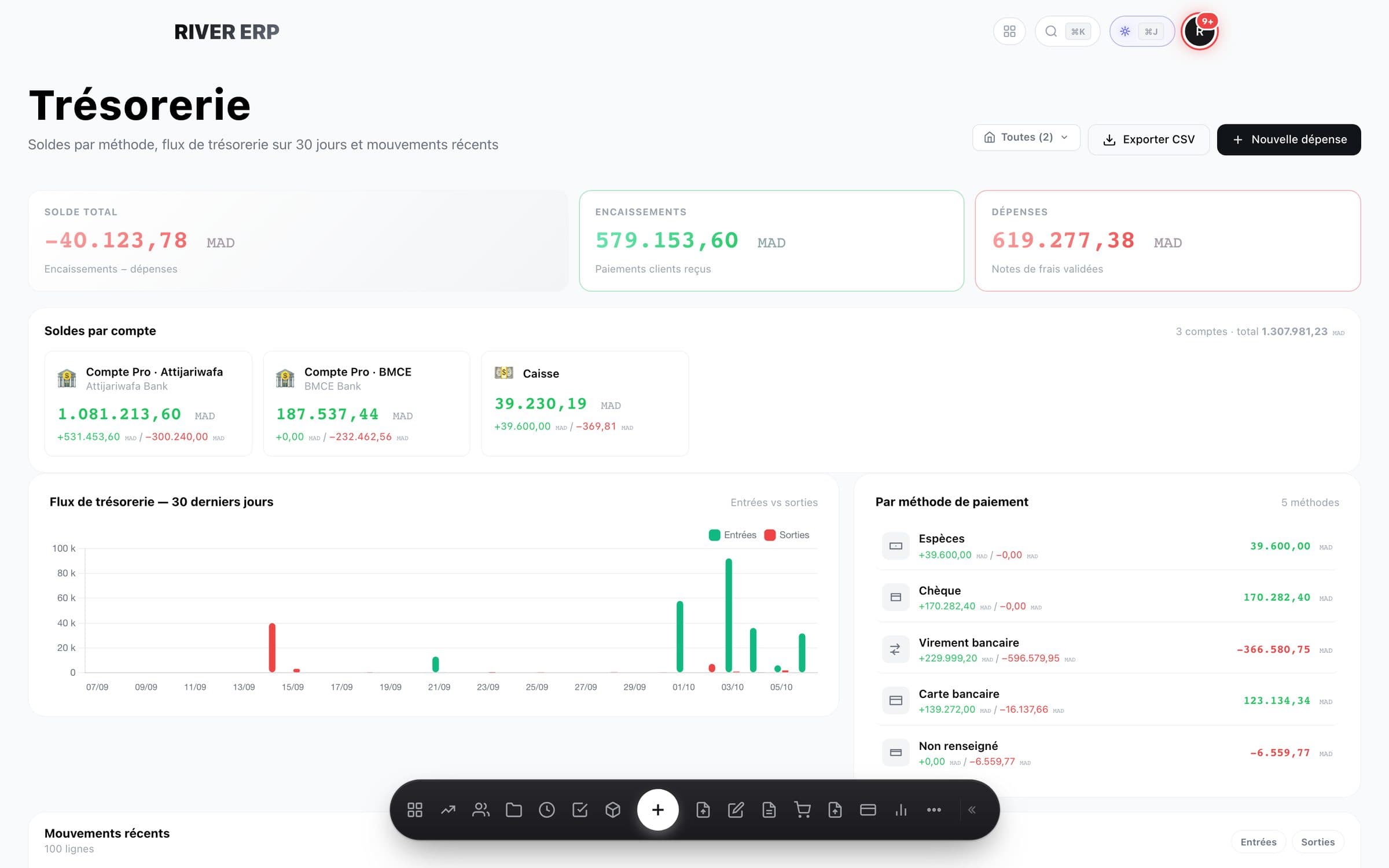 RIVER ERP treasury screen